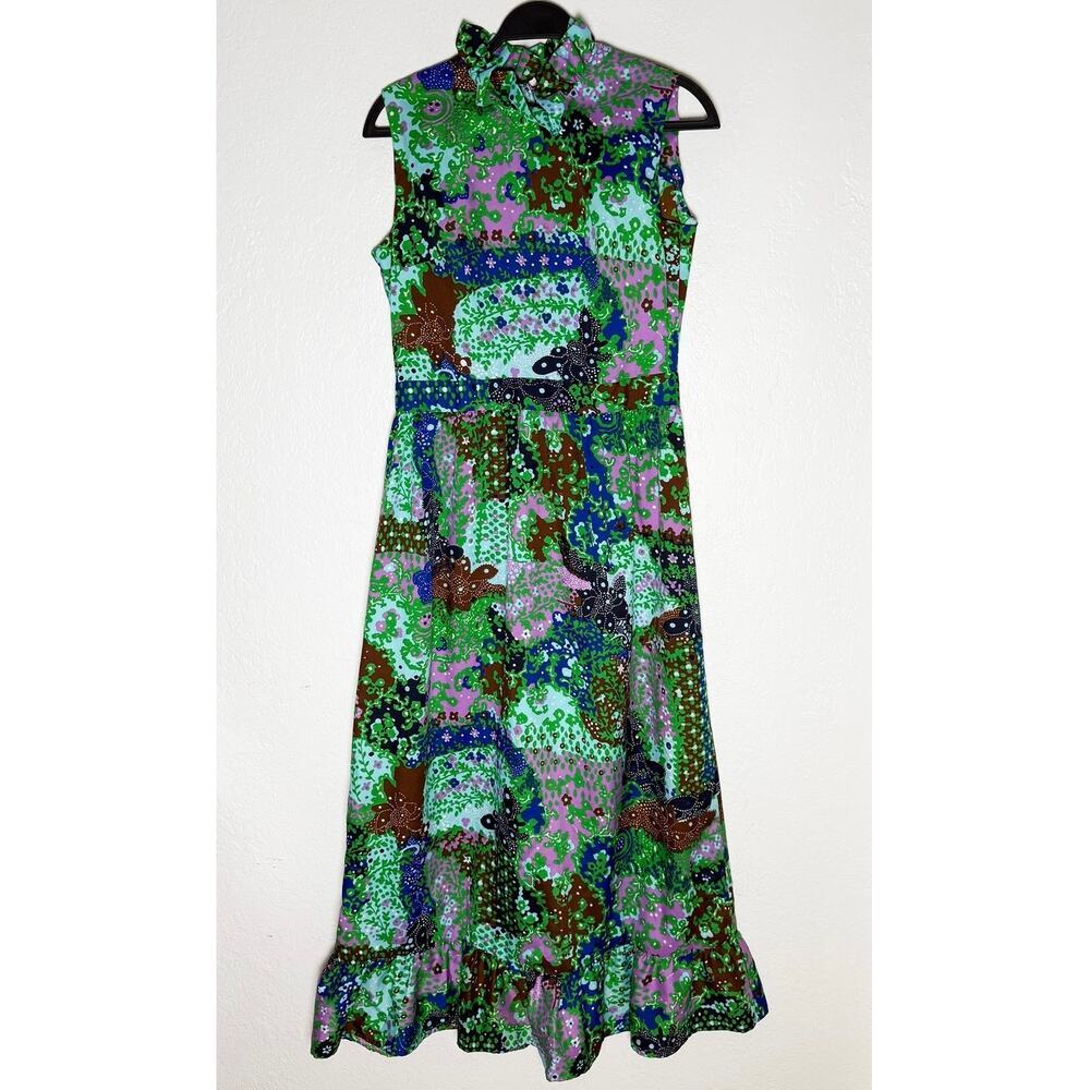 Vintage Andrea Gayle Women's Sleeveless Maxi Dress Ruffle Trim Green Blue Floral - Picture 2 of 9